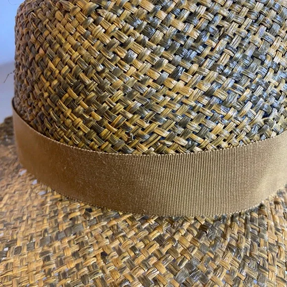 Vintage Makin New York Tan Woven Fedora straw hat and ribbon trim size L